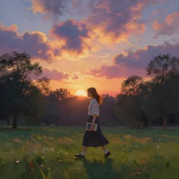 a girl walking in park with book in her hand, surreal photography, sunrise, dramatic light, impressionist painting, colorful clouds, digital painting, artstation, simon stalenhag