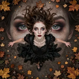 gorgeous stella maeve magician, realistic character concept, overhead shot, drone shot, elegant pose, spooky, illustration, symmetrical face and body, cinematic lighting, detailed realistic symmetrical eyes, 8 k, joshua middleton, artgerm, tom bagshaw, single face, insanely detailed and intricate elegant, autumn leaves
