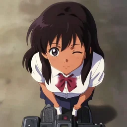 anime cell shaded, anime tanned tanned tanned tanned girl wearing school outfit looking down towards camera, winking at camera from the top, looking towards the camera, low angle, standing on top of the camera looking down, wlop, ilya kuvshinov, artgerm - c 1 2
