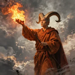 ram horned catholic monk brings fire down from the sky, medieval style, trending on artstation, highly detailed, digital painting, volumetric light, concept art, sharp focus, illustration,  art by greg rutkowski and alphonse mucha