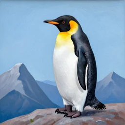 a penguin over a mountain painted as picasso