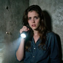 A Scared young woman with flashlight in her right hand, dirty Concrete wall, dust, trash ; basement , night; 90's professional color photograph, close up, view from front.