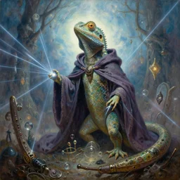 portrait oil painting, an ethereal lizard wearing a wizard cloak, a lasers and lights everywhere, ultra realistic, wide angle, intricate details, artifacts, luminous skies, highly detailed, michael cheval, peter mohrbacher, boris vallejo, jessica rossier, oil painting, highly detailed, cinematic lighting