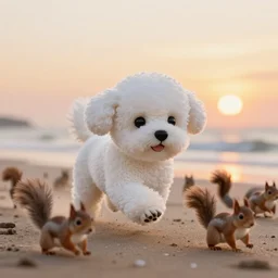 a photorealistic image of a knitted white bichon puppy chasing a group of squirrels during sunset at the beach Trending on artstation, featured on Behance, well-rendered, Unreal Engine, 4K HD