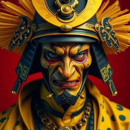 portrait of old samurai, goth punk, vibrant yellow, colors, surreal, a french baroque by by alexander mcqueen, hyper detailed, very detailed, photograph, cinematic lighting, photorealistic, octane render, no red background