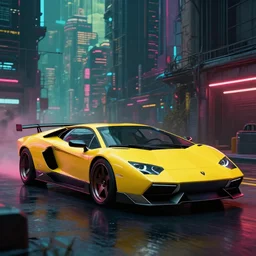 cyberpunk car lamborgini counatch on the background of drak dirty style cyberpunk city in the syle by nicholas hiattcinematic, cinematic lighting, raytracing, 8 k, octane render, volumetric, vivid, beautiful, hyperrealism
