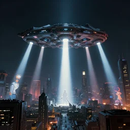 a scifi spacecraft appears above a cyberpunk City, volumetric search lights, cinematic lighting, epic composition, rule of thirds, the fifth Element, tekkon kinkreet, akira, rendered by simon stålenhag, rendered by Beeple, Makoto Shinkai, syd meade, environment concept, digital art, starwars, raphael lacoste, eddie mendoza, alex ross, concept art, cinematic lighting, , unreal engine, 3 point perspective, WLOP, trending on artstation, low level, 4K UHD image, octane render,