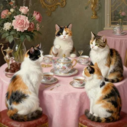 only three calico cats enjoying a fancy english tea party, painted by jan van eyck
