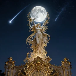 sky in a starry night with glowing meteor showers, ascension of a woman decomposing and dissolving into moon, dark - blue black gold beige saturated, ornate baroque rococo art nouveau intricate detail, 3 d specular lighting, cinematic, no blur, no bokeh, no depth of field, uplight, bioluminiscence global illumination ray tracing hdr fanart arstation by ian pesty and alena aenami artworks in 4 k