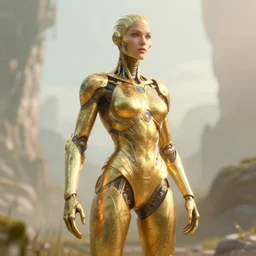 a character in a scenic environment by wayne barlowe, futuristic, dreamy hazy, golden biological suit, highly detailed, 3 d render, vray, octane, realistic lighting
