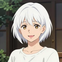 portrait of a smiling smiling woman with short white hair, 1 2 3 4, medium shot, illustration, highly detailed, high quality, by kentaro miura