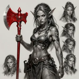 tattooed female goblin with grey skin holding a red axe, d & d, fantasy, highly detailed, digital painting, trending on artstation, concept art, sharp focus, illustration, global illumination, shaded, art by artgerm and greg rutkowski and fuji choko and viktoria gavrilenko and hoang lap