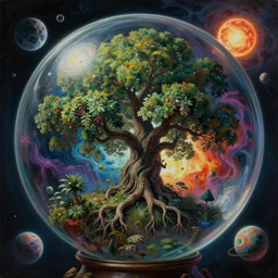 an enigmatic and terrifying painting of a alternate universe inside a glass orb by marc simonetti, greg rutkowski, ferdinand knab, colour, plants, trees, one gian oak, universe, nebula, burst of colour, imaginary, roots, planets, sun, intense, out of this world, depth, incredible depth, 4 k 6 4 megapixels 8 k resolution dslr hdr cinema 4 d imax detailed hyperdetailed photorealistic concept art detailed painting deviantart hyperrealism trending on artstation unreal engine
