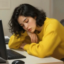 tired woman with short wavy black hair resting at her office, wearing yellow sweater, deep focus, d & d, fantasy, intricate, elegant, highly detailed, digital painting, artstation, concept art, matte, sharp focus, illustration, hearthstone, art by artgerm and greg rutkowski and alphonse mucha