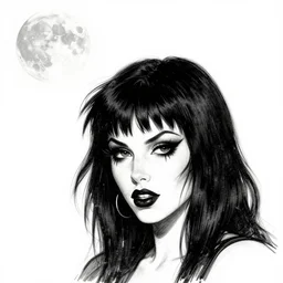goth girl with a detailed face and black hair below with a full moon above in the sky, burlesque psychobilly, rockabilly, punk, white background, drawing, illustration by frank frazetta