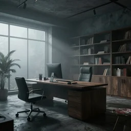 modern office, gloomy and foggy atmosphere, octane render, rembrandt, cgsociety, artstation trending, horror scene, highly detailded
