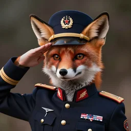 close up image of anthropomorphic female fox animal dressed in modern american general uniform, fox animal, general hat, saluting