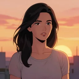 Rafeal Albuquerque comic art, Joshua Middleton comic art, cinematics lighting, sunset colors, pretty female cyberpunk space pirate, big smirk, symmetrical face, symmetrical eyes,full body, in a field, sunset