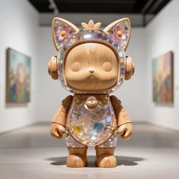 8 k octan, advertising, highly detailed, photo, a totally wooden figurine collectible art toys wooden on feet, very cute fat cyborg crystal zen with and flowers cat ears, cyberpunk a contemporary art gallery, symetrical, masterpiece, nofinito, design