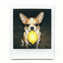 polaroid of chihuahua holding a lemon