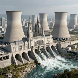 utopian city made out of coated concrete, fusion between gothic architecture and a hydroelectric power plant, highly detailed matte painting, river rapids, royal arches