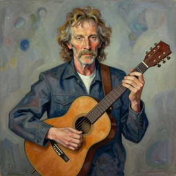 a cubism portrait of willie nelson hugging his guitar, in the style of marc chagall, digital art, muted color