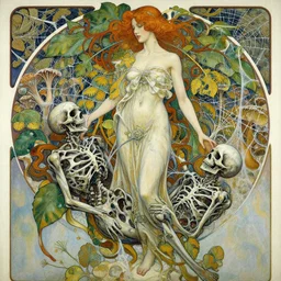 an insanely detailed oil painting of a tall woman and the death, intricate detailed leaves, spiderweb, mycelia, by ruan jia, fantasy, hyper detailed, colorfull, concept art, by greg rutkowski, by alphonse mucha, by moebius