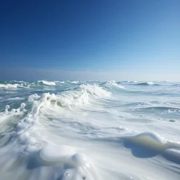 low angle extreme close up side view of a vast ocean full of white vitamin d milk. nice blue sky on horizon. an ocean of gentle waves made of white milk. digital art, octane 3 d, ue 5, 4 k, award winning, dramatic lighting, subsurface scatter, dynamic contrast, hdr.
