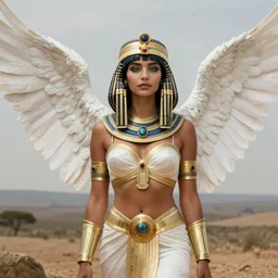 beautiful sultry egyptian queen wearing white dove wings, warframe armor, regal, attractive, ornate, sultry, elize theron, pretty face, green eyes is represented by peter mohrbacher, art nouveau, landscape, cinematic