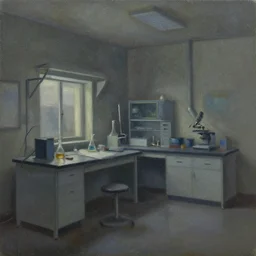 textured oil painting of an abandoned lab dimly lit