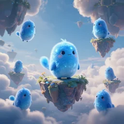 cute, blue shiny creatures flying through floating islands, extreme cloud formations, uncanny, cinematic lighting, thomas cole, still from inside out, octane render, ray tracing, volumetric lighting, 4 k
