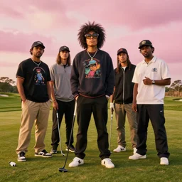 a photoshoot for a golf le fleur clothing line starring gorillaz, 8 k concept art, golden hour, vintage, pink skies, cloudy, dreamy, extremely detailed, by damon albarn, mixed media