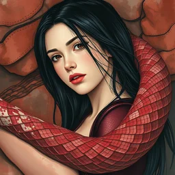 girl in burgundy patterned snakeskin, long black hair, cliff hills biome. highly detailed, digital painting, watercolor, soviet realism, engraving, artstation, concept art, smooth, sharp focus, vivid grunge, manga, illustration, unreal engine 5, 8 k, art by bilibin and kilian eng and kuvshinov and malevich and mucha