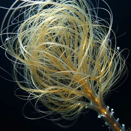 thousands of thin threads of translucent gold and silver chaotically unravel and twist away from an underwater branching sea creature, hyperrealistic