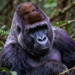 photo of a gorgeous male purple gorilla resting on the forest, award winning photograph for national geographic, closeup of face