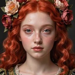 princess portrait, adorned with flowers, dewy eyed, glossy features, symmeyric features, red wavy hair, fine art painting, renaissance style, fabric inspired details, hd, 3 d, octane render, 8 k