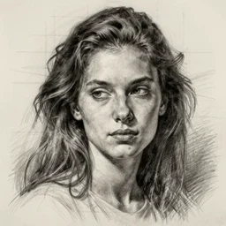 a beautiful hyper realistic portrait pencil sketch from a picture of a French nubile with stoic attitude by Peter Mohrbacher Technical drawing blueprint diagram