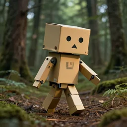 robot made of a cardboard box, crayon face, walking through the forest, dof, cinematic lighting, hyperrealistic, extremely detailed,