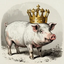 a detailed woodcut of a pig in a gold crown by Gustave Doré