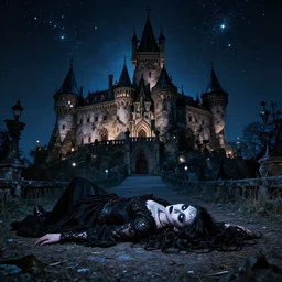 Lay me down, in the cold cold ground, Where before many more have gone, When they come I will stand my ground, Stand my ground I will not be afraid, atmospheric lighting, gothic makeup, intricate, Transylvanian castle, volumetric lighting, beautiful, starlit sky, sharp focus, ultra-detailed, by Tom Bagshaw, Leesha Hannigan, Ross Tran, Thierry Doizon, Kai Carpenter, Ignacio Fernández Ríos