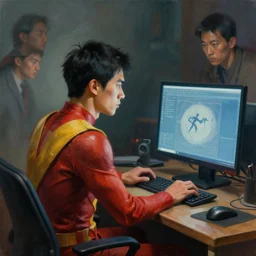 an insanely detailed painting of an asian man wearing a homemade superhero costume, sitting at a desk, staring seriously at the computer and typing, in the style of peter mohrbacher, james jean, ruan jia, dramatic lighting and composition, surreal background, octane render, pixar, trending on artstation, concept art, comic book, view from behind, 8 k
