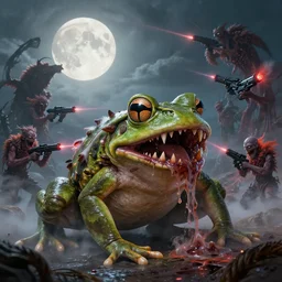 concept art of giant mutant frog attack, lovecraftian, lots of teeth, melting horror, fluffy feathers, round moon, rich clouds, fighting the horrors of the unknown with laser guns, high resolution, very detailed, colorful, roaring, volumetric light, mist, grim