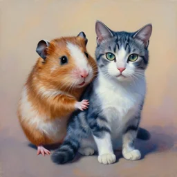 painting of hybrid ( ( ( hamster ) ) ) and cat!!! fused together, intercrossed animal, by zdzislaw beksinski, by lewis jones, mattias adolfsson, cold hue's, warm tone gradient background, concept art, digital painting