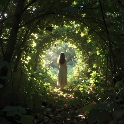 tunnel of leaves, moody atmosphere, late summer, hazy, glowing lights, spiral, lost woman, dreamy