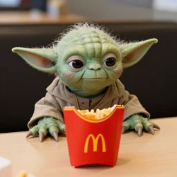 yoda, disappointed, yoda sitting behind a table inside mcdonald's, small red cardboard box on table, yellow m logo on box, cheeseburger 3 5 mm, f / 2. 8