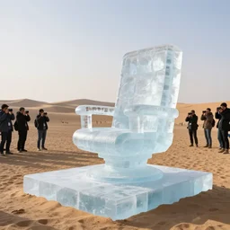 a beautiful ice sculpture of a computer chair, in the middle of the sahara desert, paparazzi taking pictures of this masterpiece