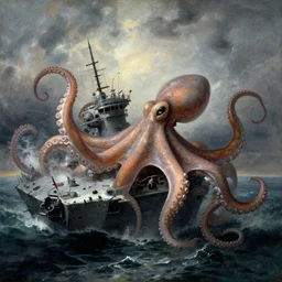 giant octopus with giant tentacles destroying a frigate on a stormy sea, in the style of jmw turner