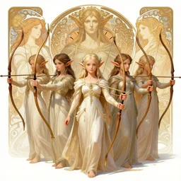 a photograpic of elven archers, cute, fantasy, intricate, elegant, centered, wide lens, highly detailed, digital painting, artstation, long shot, photographic, full - body portrait, concept art, smooth, sharp focus, illustration, art by artgerm and h r giger and alphonse mucha