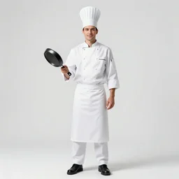 graceful chef in white uniform holding a pan, photorealistic portrait photography, full body, standing, isolated on a pure white background, centered, whole figure in frame, sharp focus, studio lighting