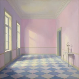 renaissance sharp painting of a ethereal room with pastel colors room in central perspective, checkered floor and bright colors in the style of piero della francesca